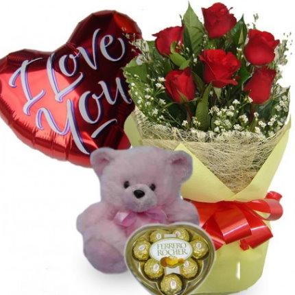 Ferrero Rocher, Teddy Bear, 6 Red Roses and Mylar Balloon product909